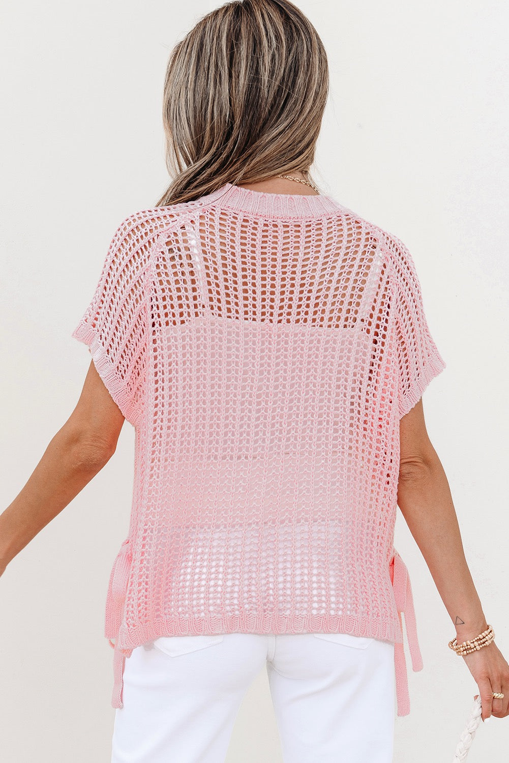 Crochet Side Tie Short Sleeve Top -Pink
