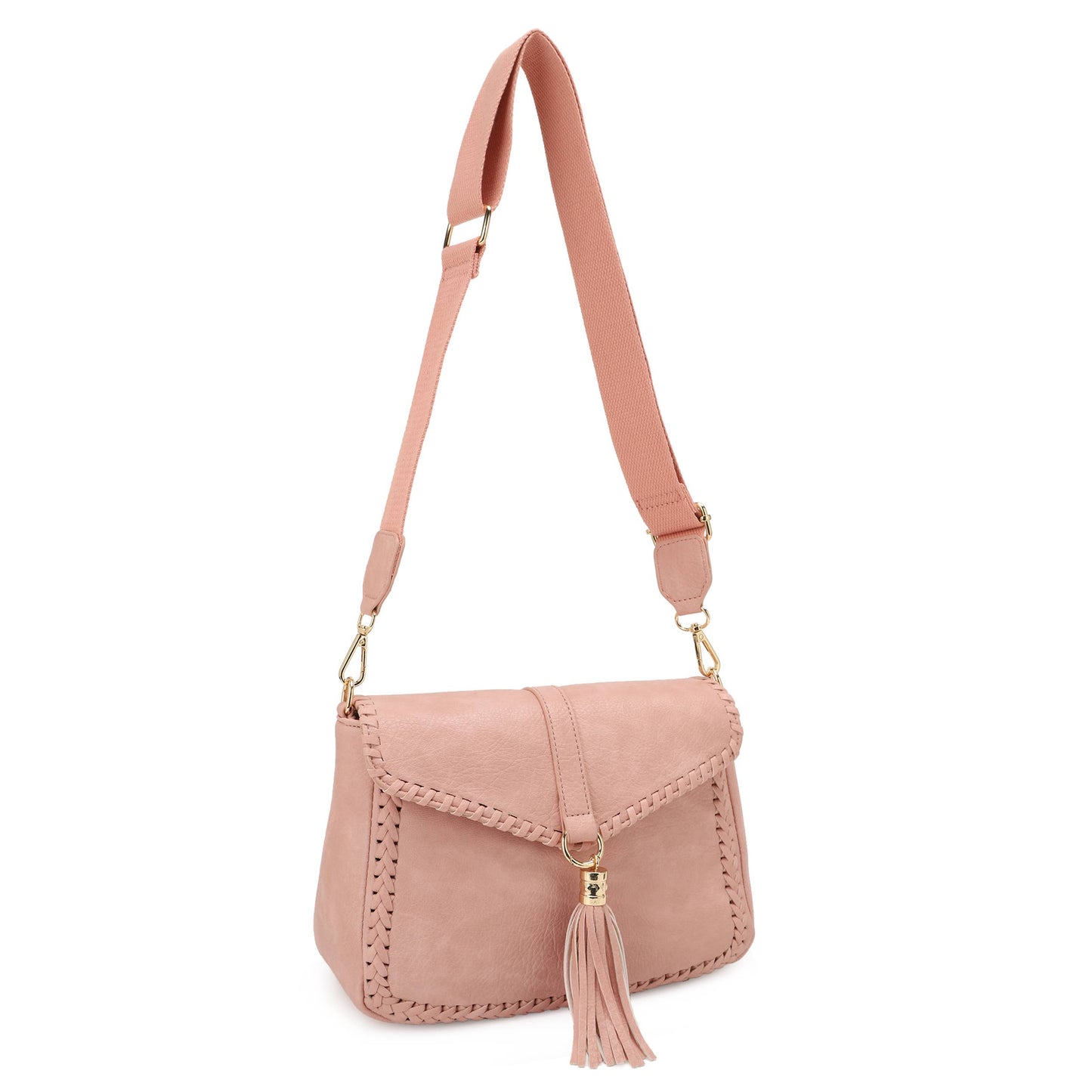 Blush Braided Trim Crossbody Bag with Tassel – Adjustable Strap Shoulder Purse for Women