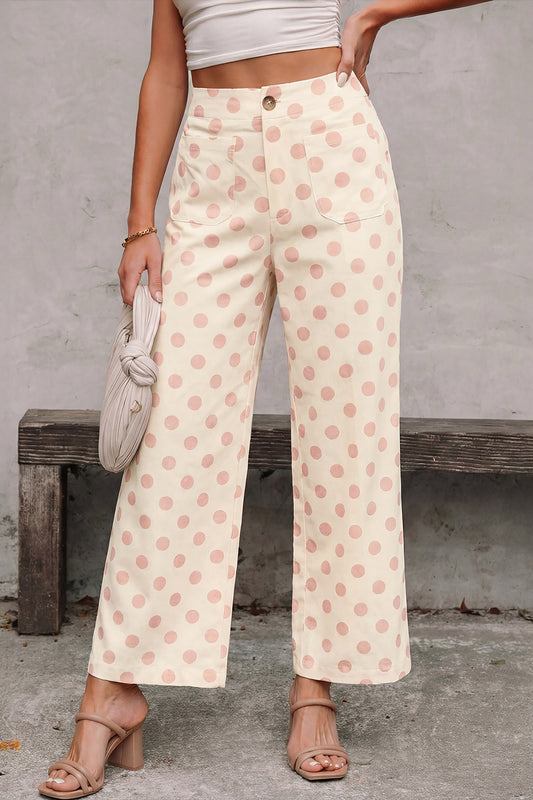Cream & Pink Polka Dot Wide Leg Pants for Women – High Waisted Flowy Trousers with Pockets & Elastic Back Waist