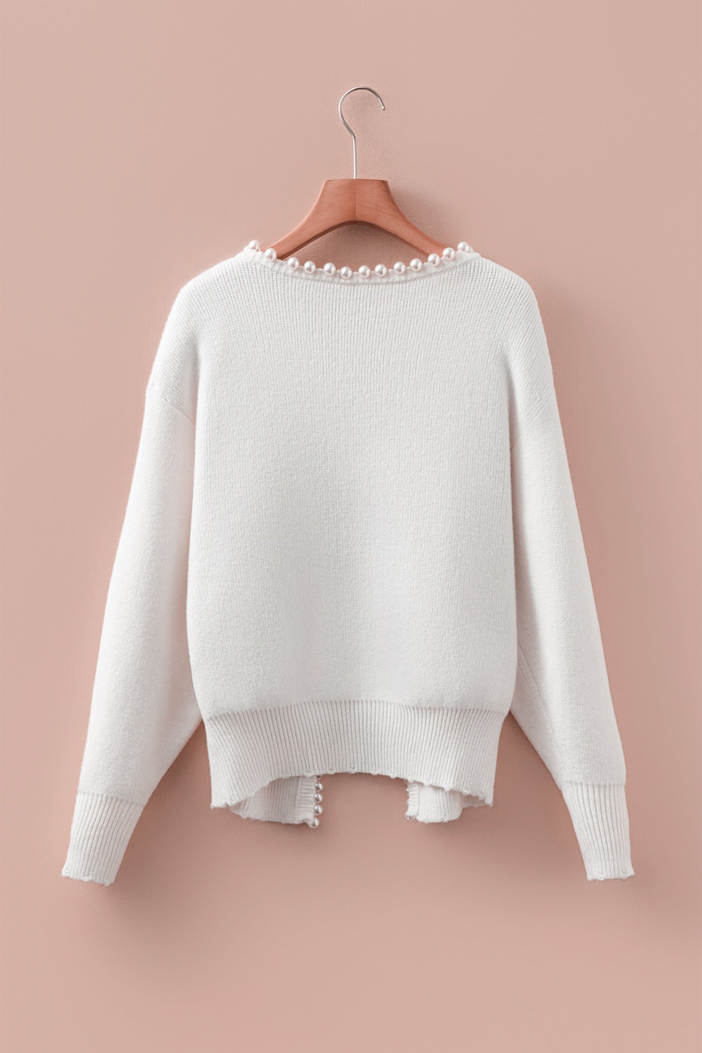 Pearl Elegance Cardigan — Luxe Cream Ribbed Knit Sweater with Pearl-Trim Open Front