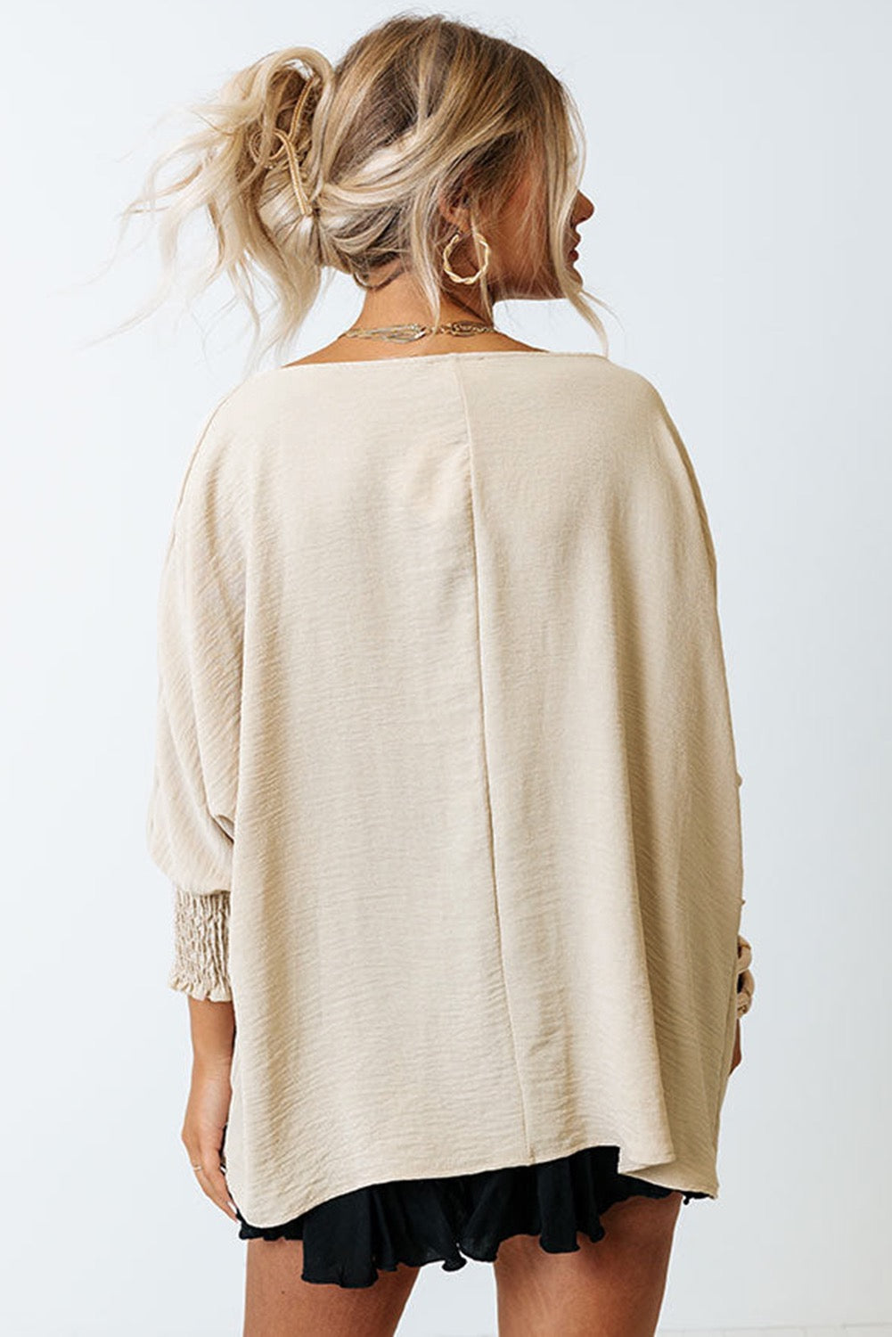 Women’s Oversized Beige Smocked Sleeve Tunic Top – Boho Chic Lightweight Long Sleeve Blouse