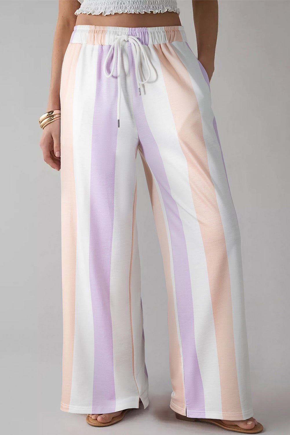 Flattering Wide Leg Striped Pants for Women|Comfortable Elastic Waist Casual Travel & Vacation Outfit