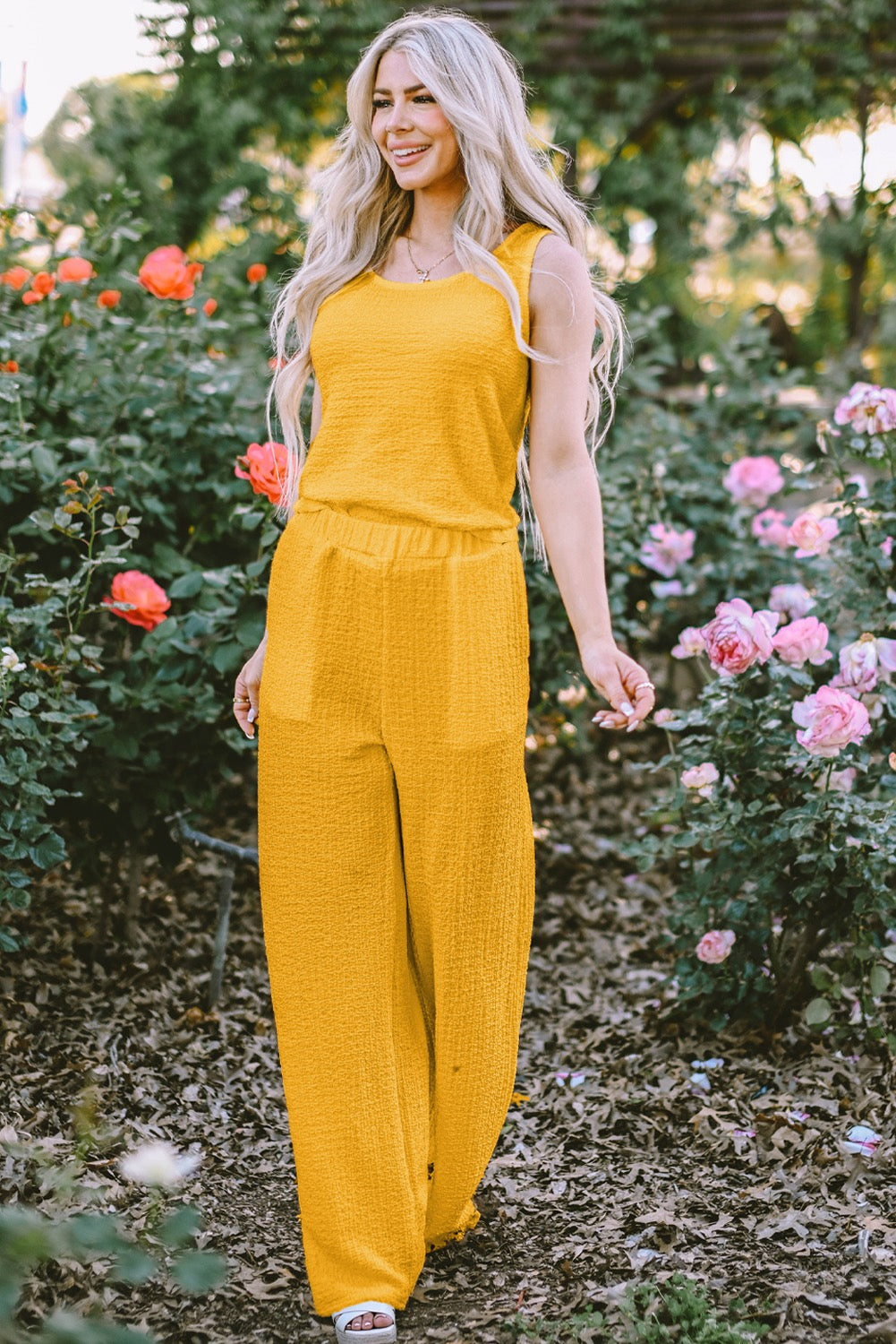 Two-Piece Crinkled Top & Pants Set -Yellow