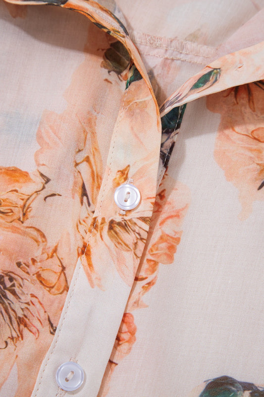 Floral Puff Button-Down Long Sleeve Blouse