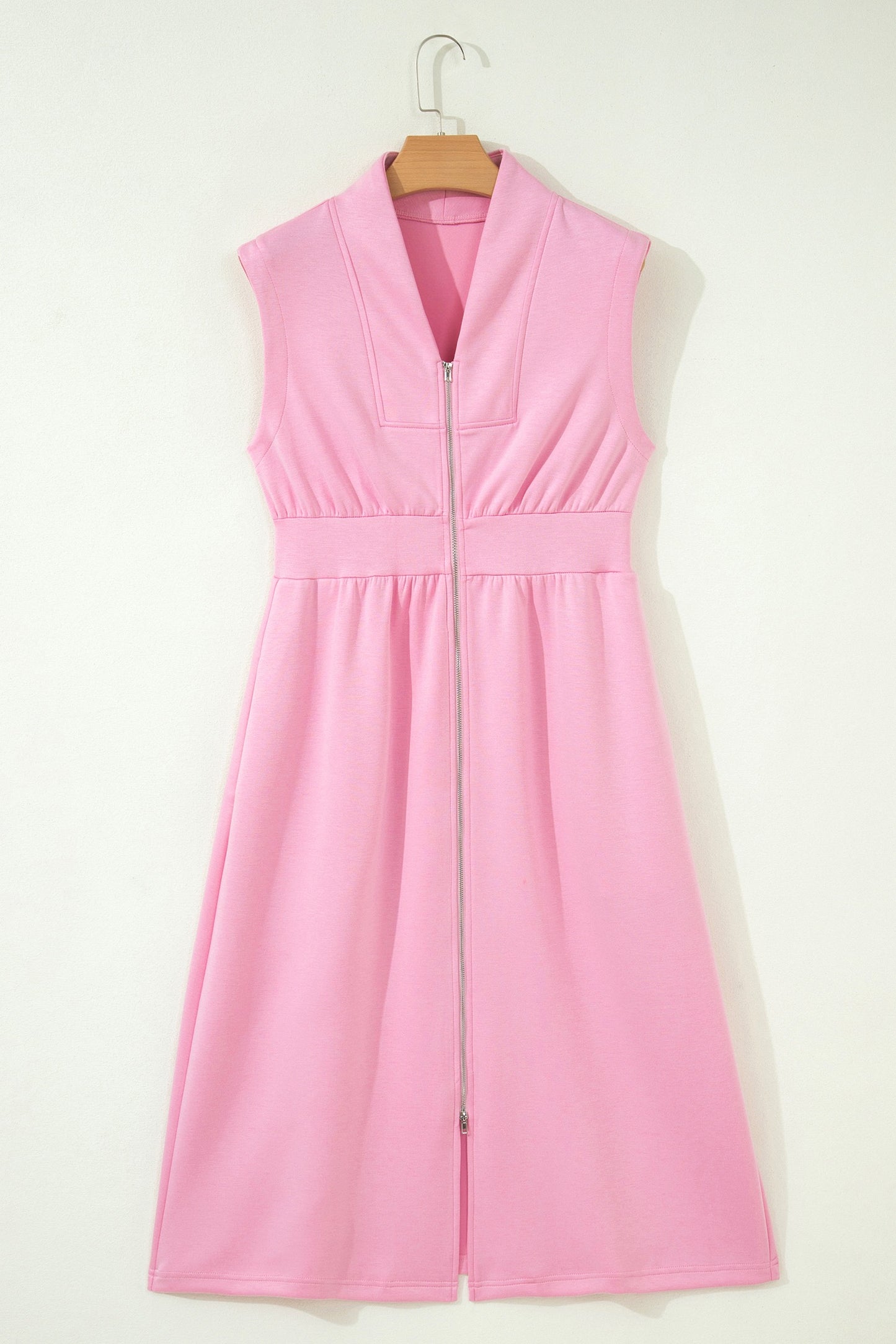 Pink Sleeveless Zip Front Midi Dress for Women | Casual Elegant Waist-Defined Summer Dress with Pockets