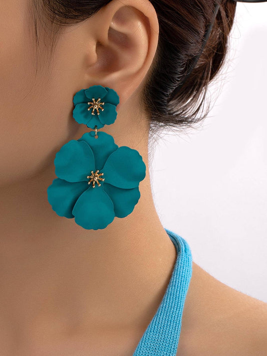 Teal Flower Blossom Earrings
