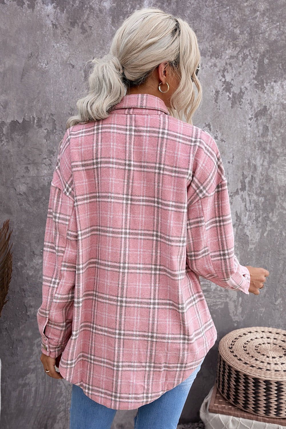 Plaid Pattern Button Shacket - Pink