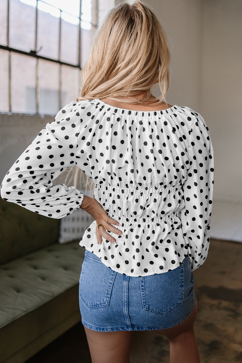 Women’s White Black Polka Dot Peplum Blouse with Puff Sleeves | Flattering Smocked Waist Dressy Casual Top
