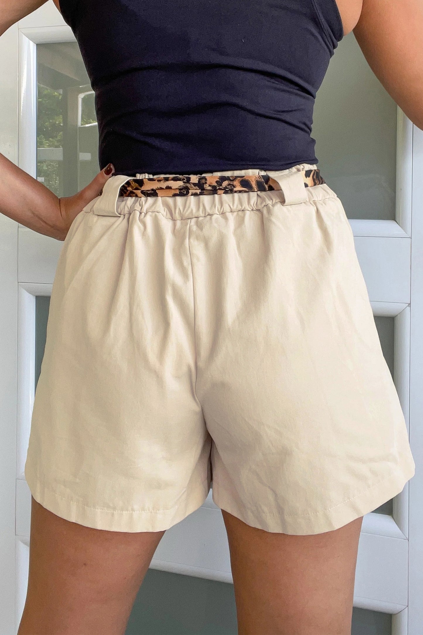 Leopard Print Belted High Waisted Beige Shorts for Women | Chic Summer