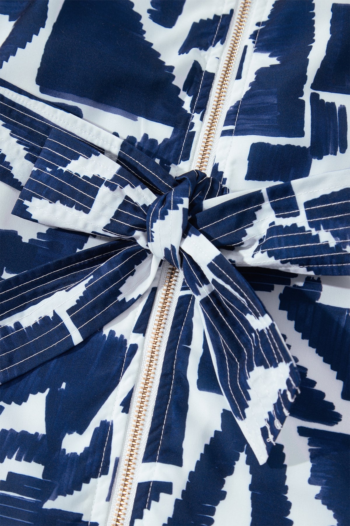 Navy & White Abstract Print Belted Zip Front Dress