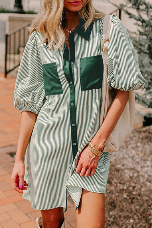 Stripe Pocket Front Shirt Dress- Green