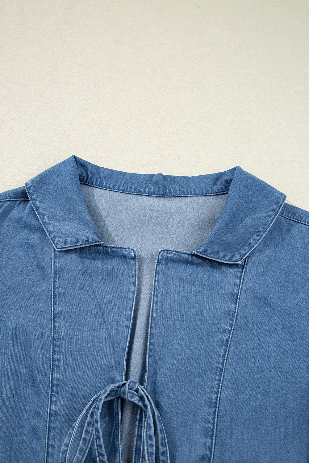 Women’s Chambray Tie-Front Peplum Blouse – Long Sleeve Denim-Top