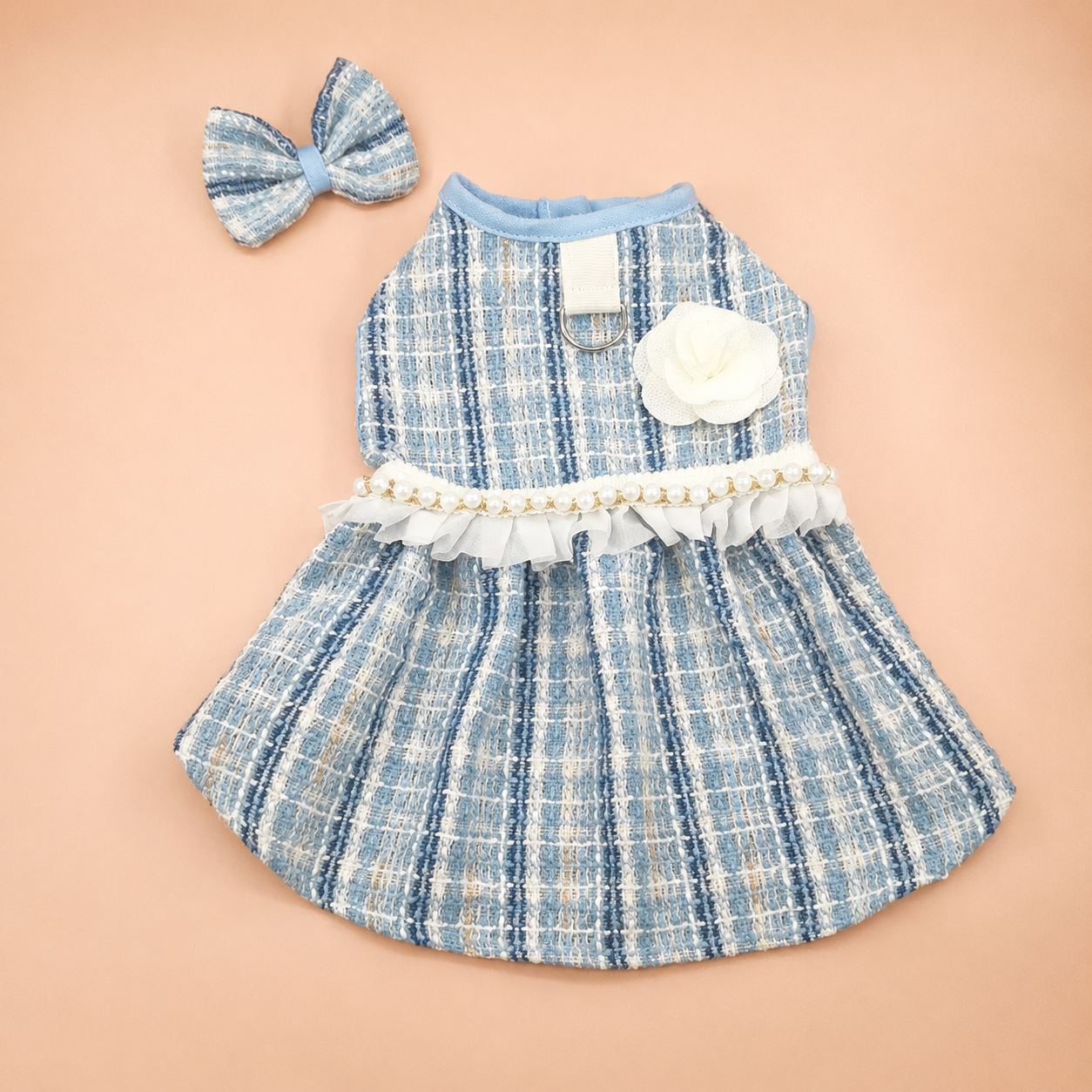 Blue Tweed Pearl Dog Dress with Matching Bow | Luxury Boutique Puppy Dress for  Dogs