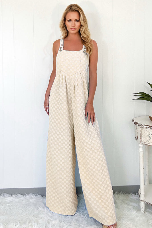 Cream Checkered Textured Wide-Leg Jumpsuit with Button Straps