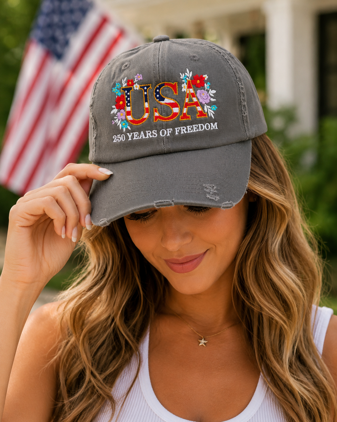 USA 250 Years of Freedom Floral Embroidered Distressed Baseball Cap | Patriotic Women's Hat | Vintage Americana Adjustable Cap