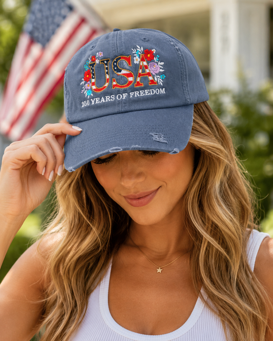 USA 250 Years of Freedom Floral Embroidered Distressed Baseball Cap | Patriotic Women's Hat | Vintage Americana Adjustable Cap