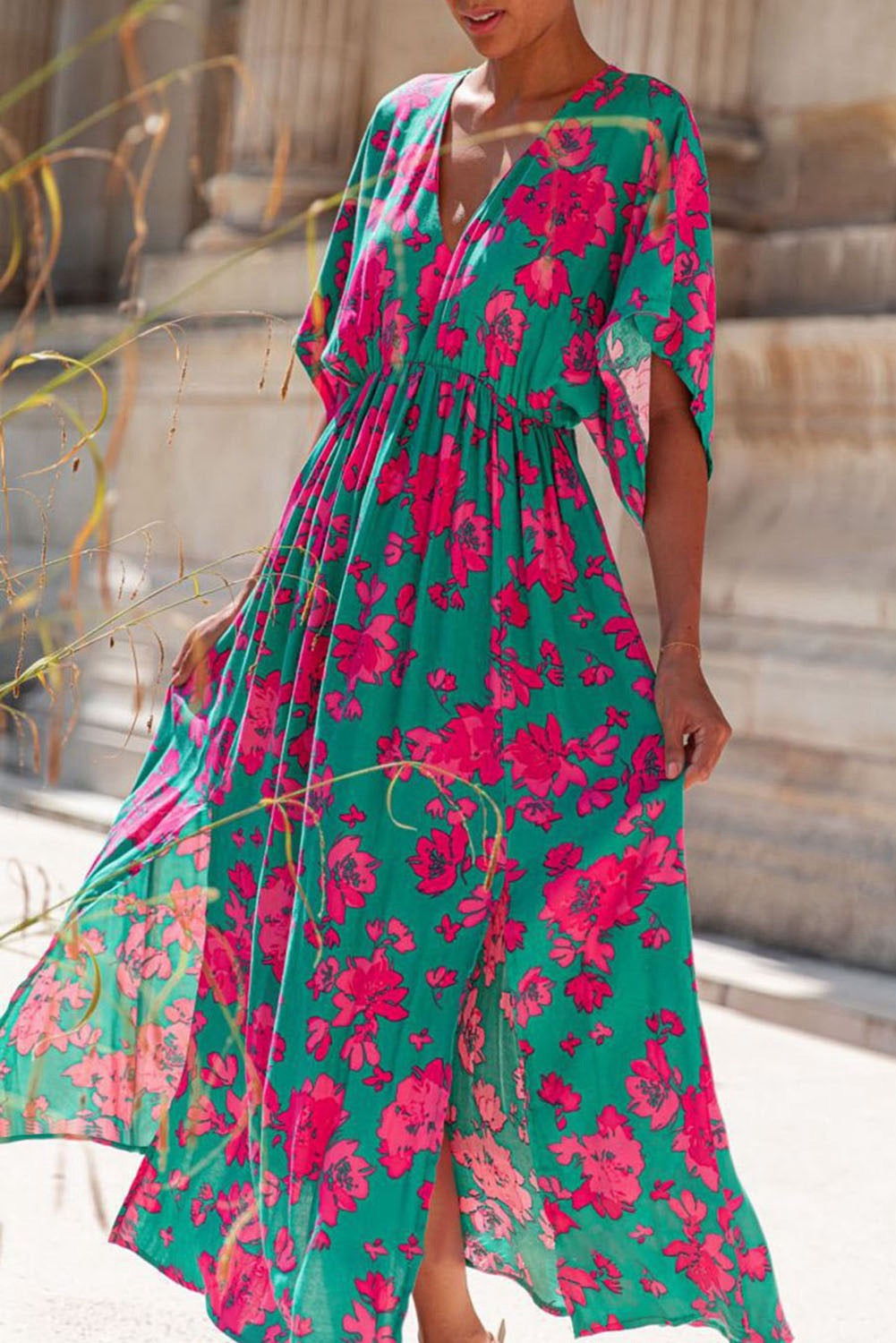 Floral V Maxi Dress - Green