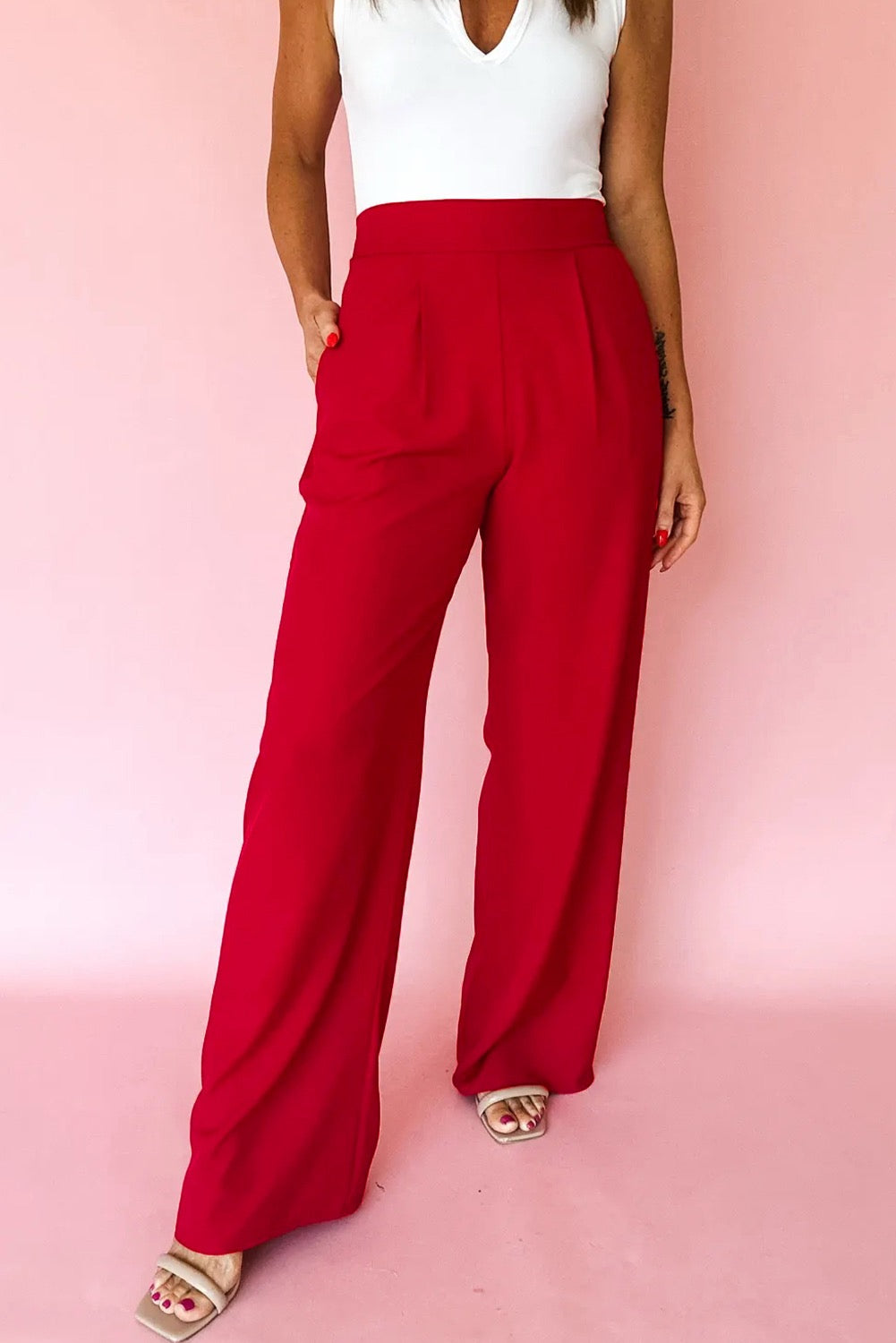 High-Waisted Pleated Wide-Leg Trousers – Classic Red Dress Pants