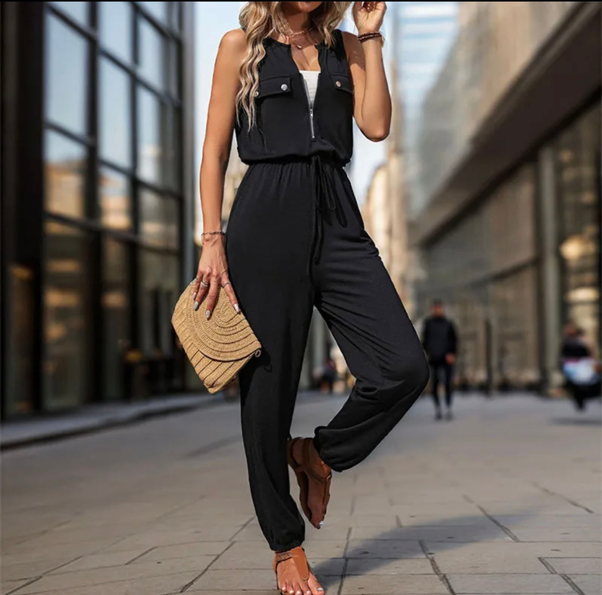 Utility Style Pocket Zipper Jumpsuit - Black