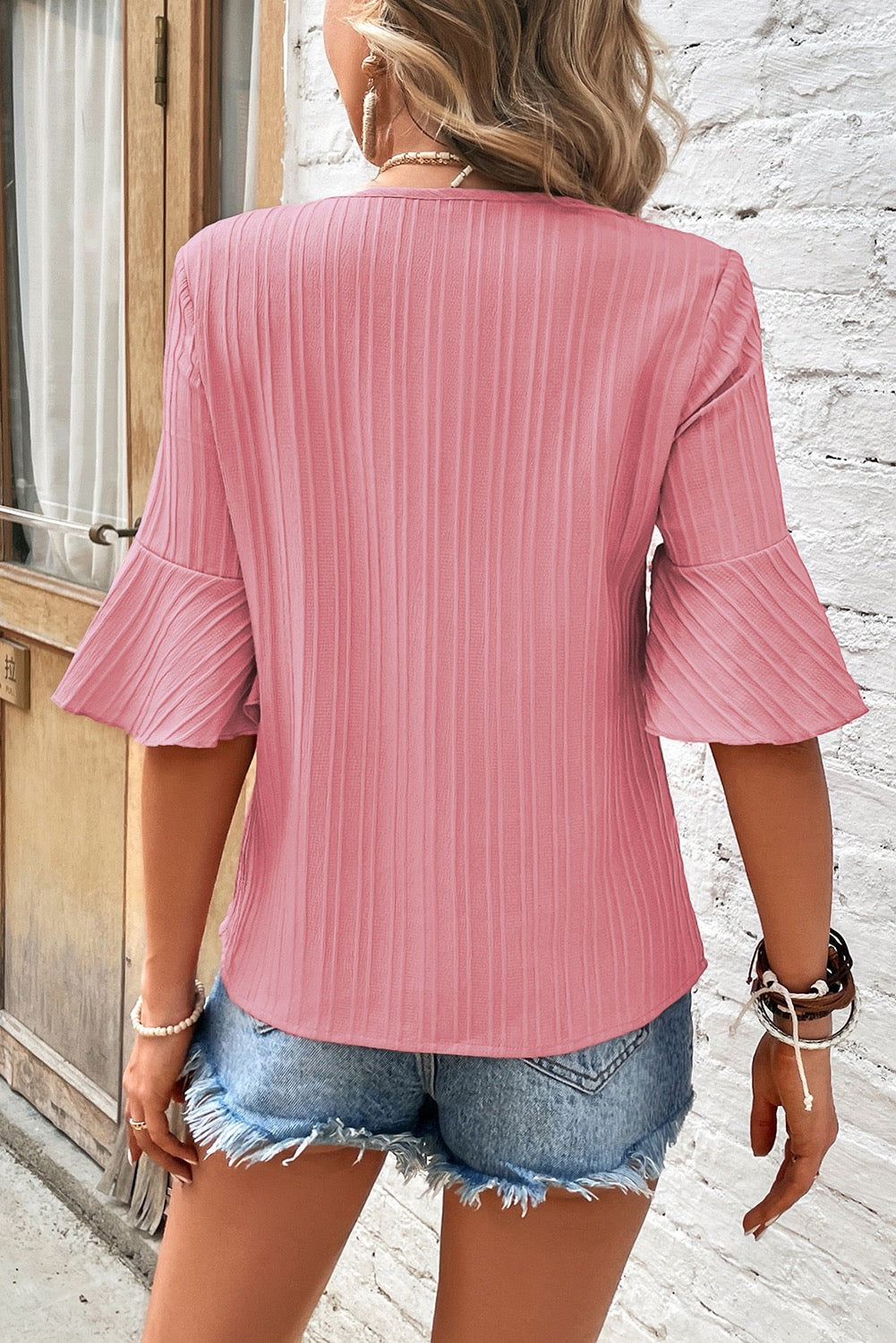 V-Neck Ruffle Sleeve Top- Mauve Pink