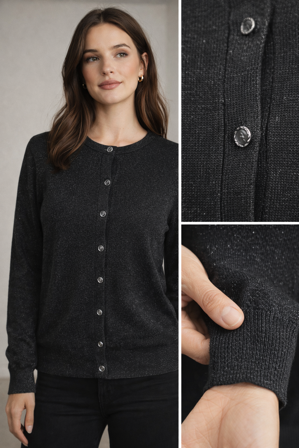 Dear Rose Black Shimmer Knit Button-Front Cardigan | Lightweight Everyday Layer