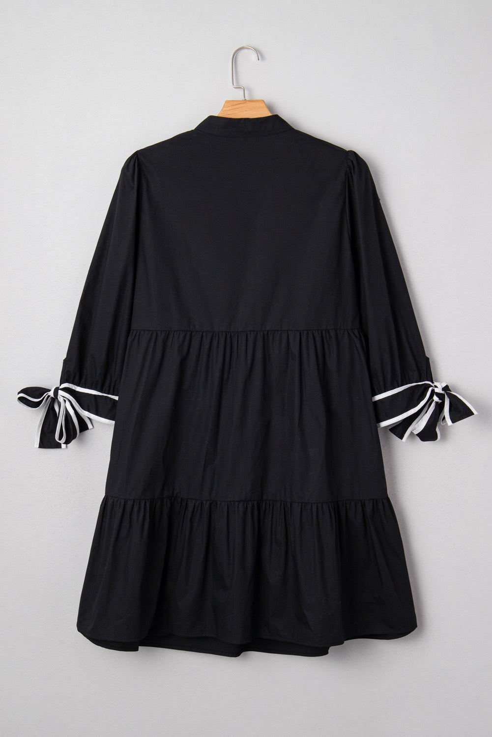 Classic Black Tiered Mini Dress with Tie Sleeve Detail – Effortless Chic Style