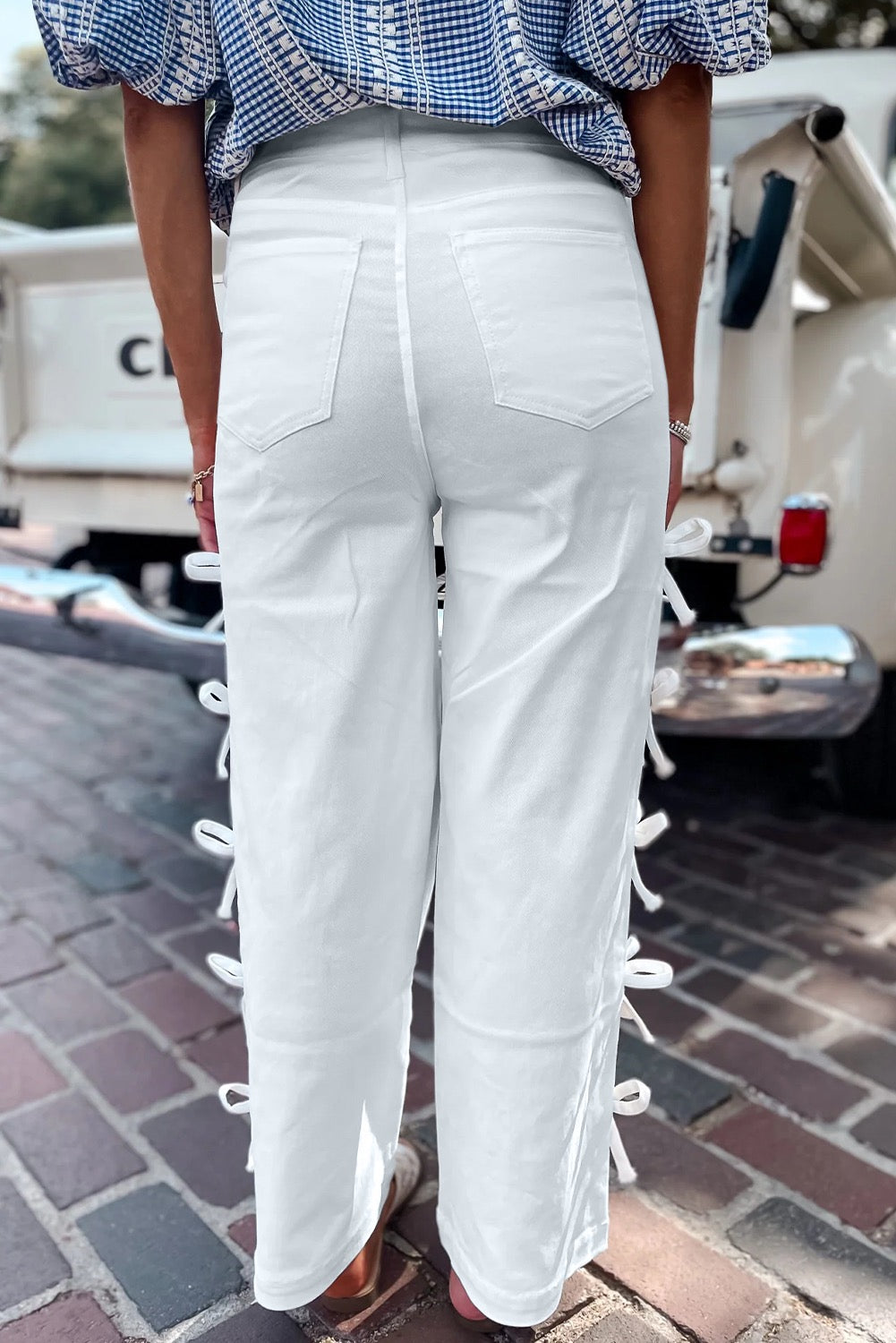 White Bow Detail Wide Leg Denim Pants for Women | High Waisted Chic Trousers
