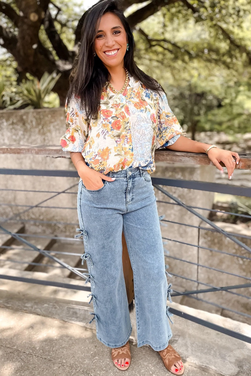 Denim Bow-Detail Wide-Leg Jeans