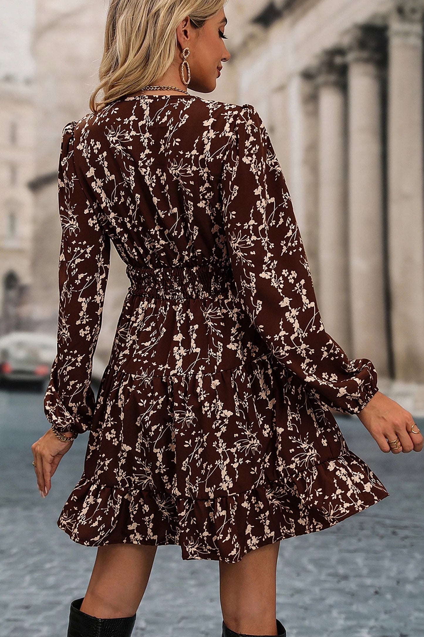 Brown Floral Smocked Waist Tiered Dress | Flowy Long Sleeve Boutique Dress