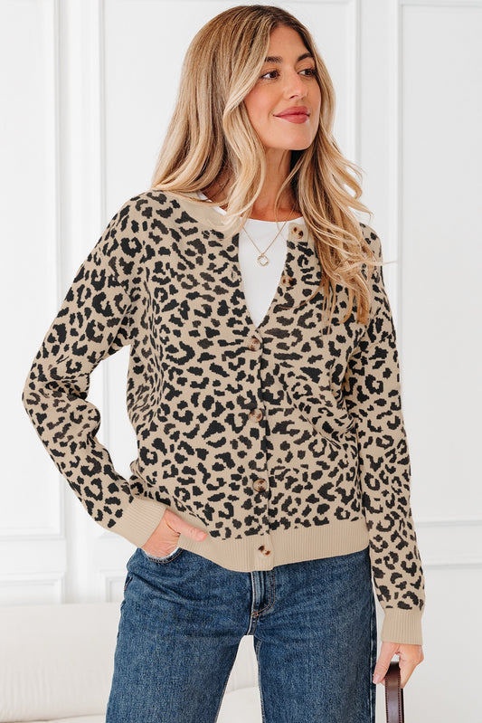 Leopard Print Button-Front Knit Cardigan