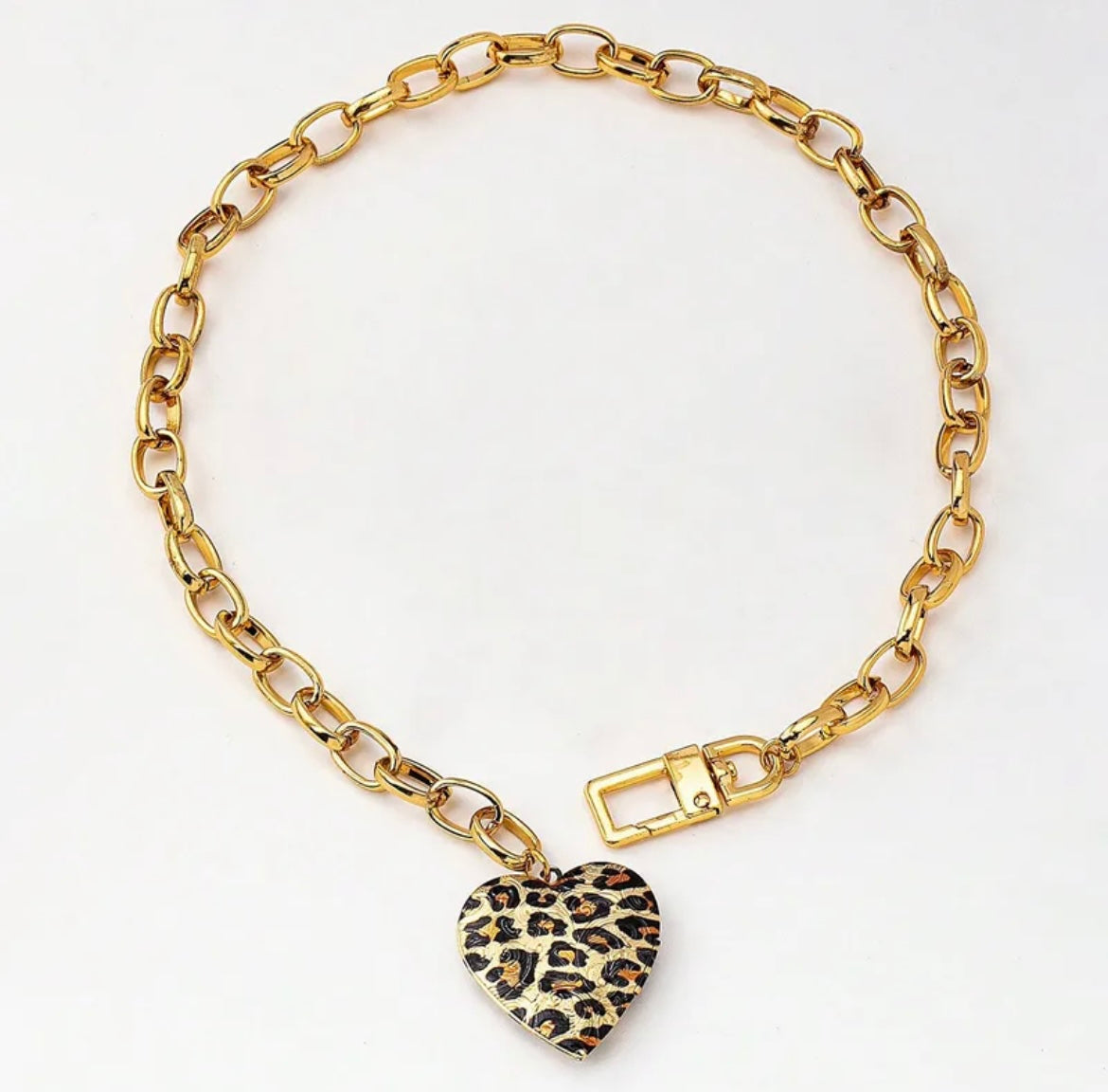 Leopard Heart Statement Chain Necklace – Bold Gold Link Charm Necklace