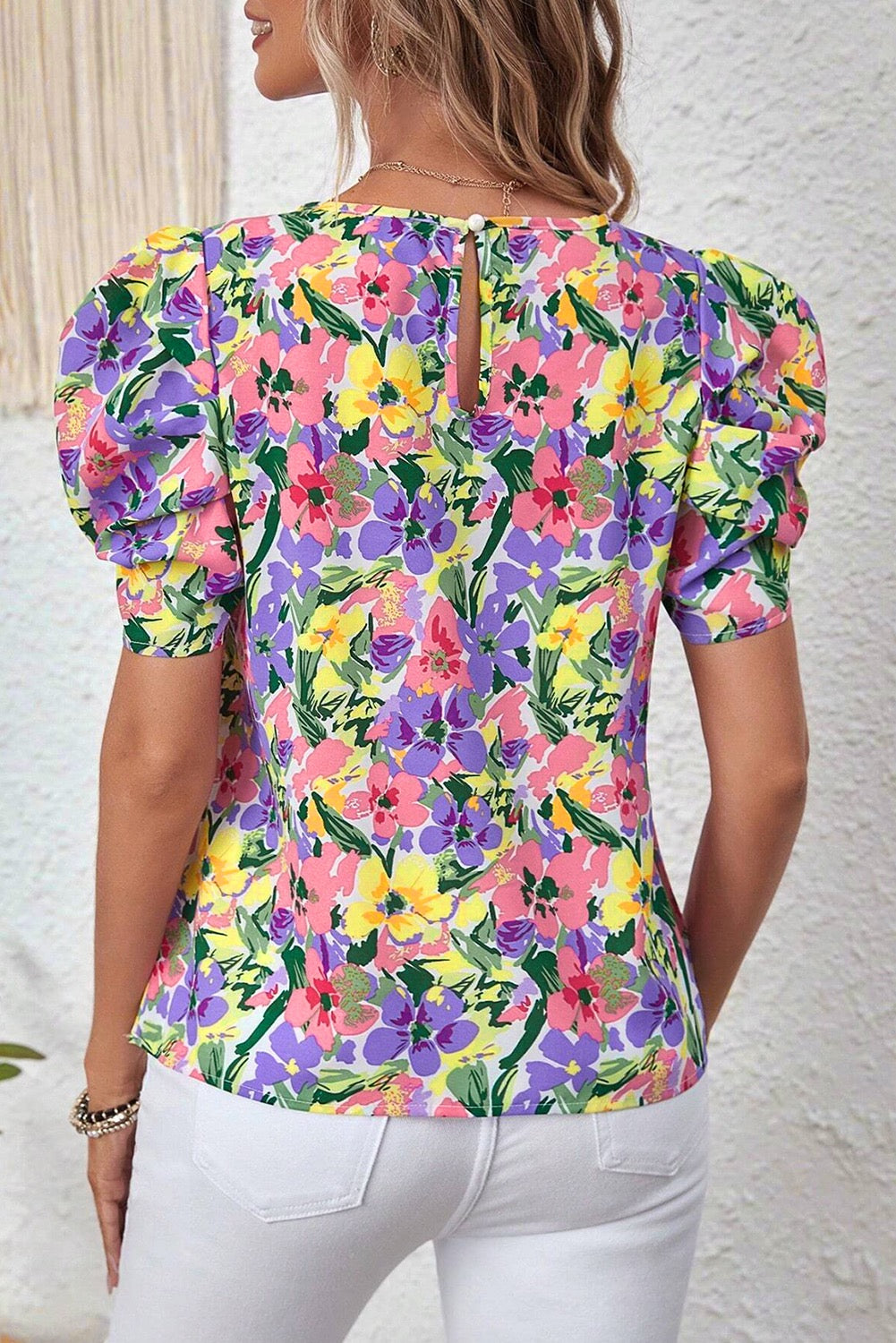 Women’s Floral Puff Sleeve Blouse – Colorful Lavender Spring Summer Top for Work, Casual & Vacation