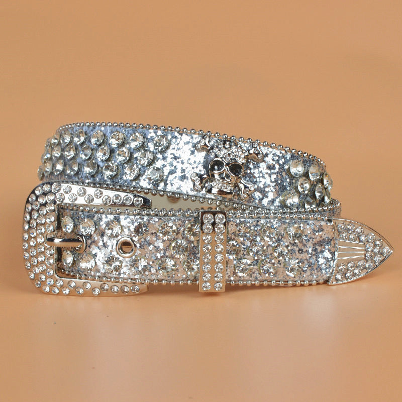 Jolly Roger Rhinestone Buckle Belt -Silver