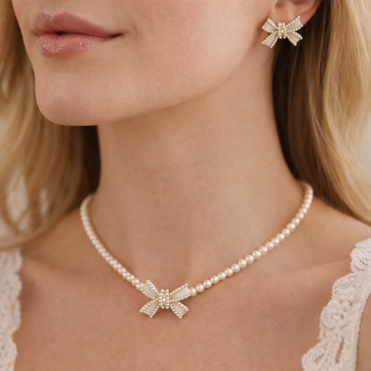 Pearl Bow Necklace & Earrings Set – Elegant Vintage Set