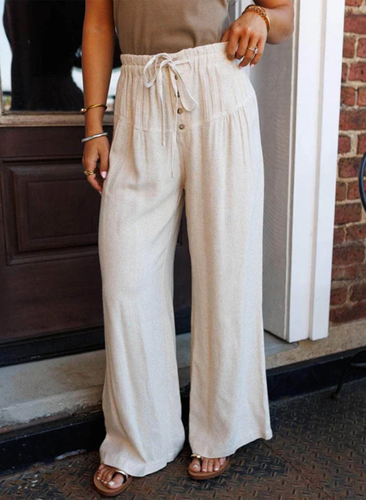 Cream Wide Leg Resort Style Pants for Women – Elastic Waist Drawstring Pants, Casual Flowy Comfort Pants
