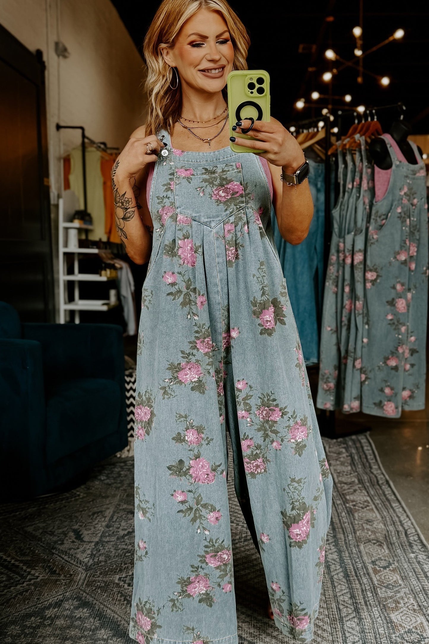 Floral Print Denim Overalls for Women | Wide-Leg Sleeveless Jumpsuit