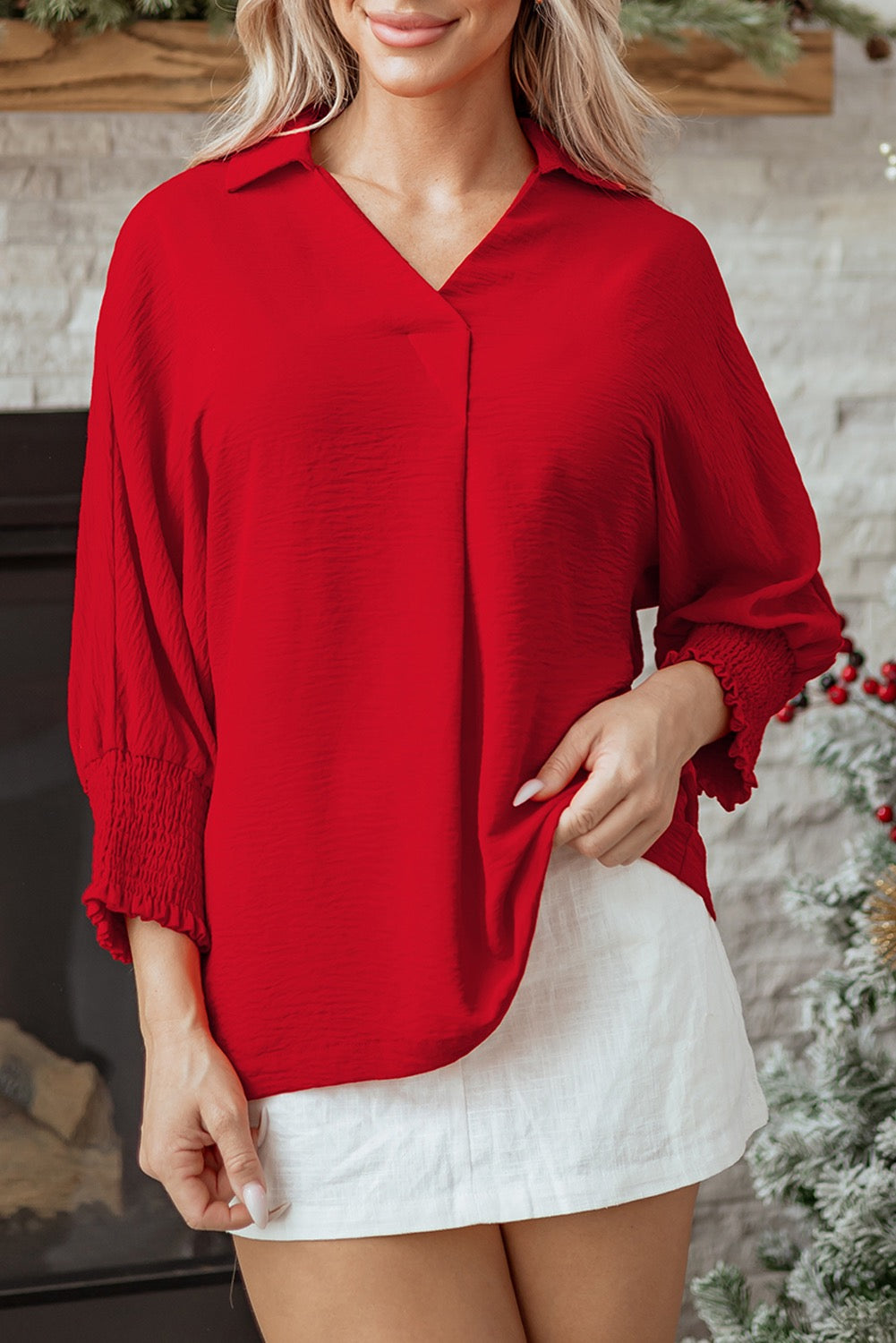 Chic Red Smocked Sleeve Blouse – Effortlessly Elegant Holiday Top