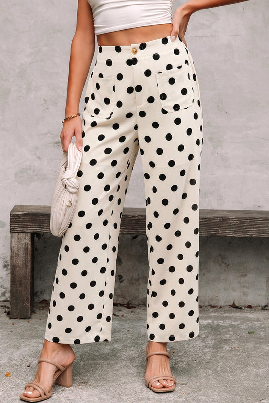 Cream Polka Dot High-Waist Wide Leg Pants with Pockets (Pre-Order)