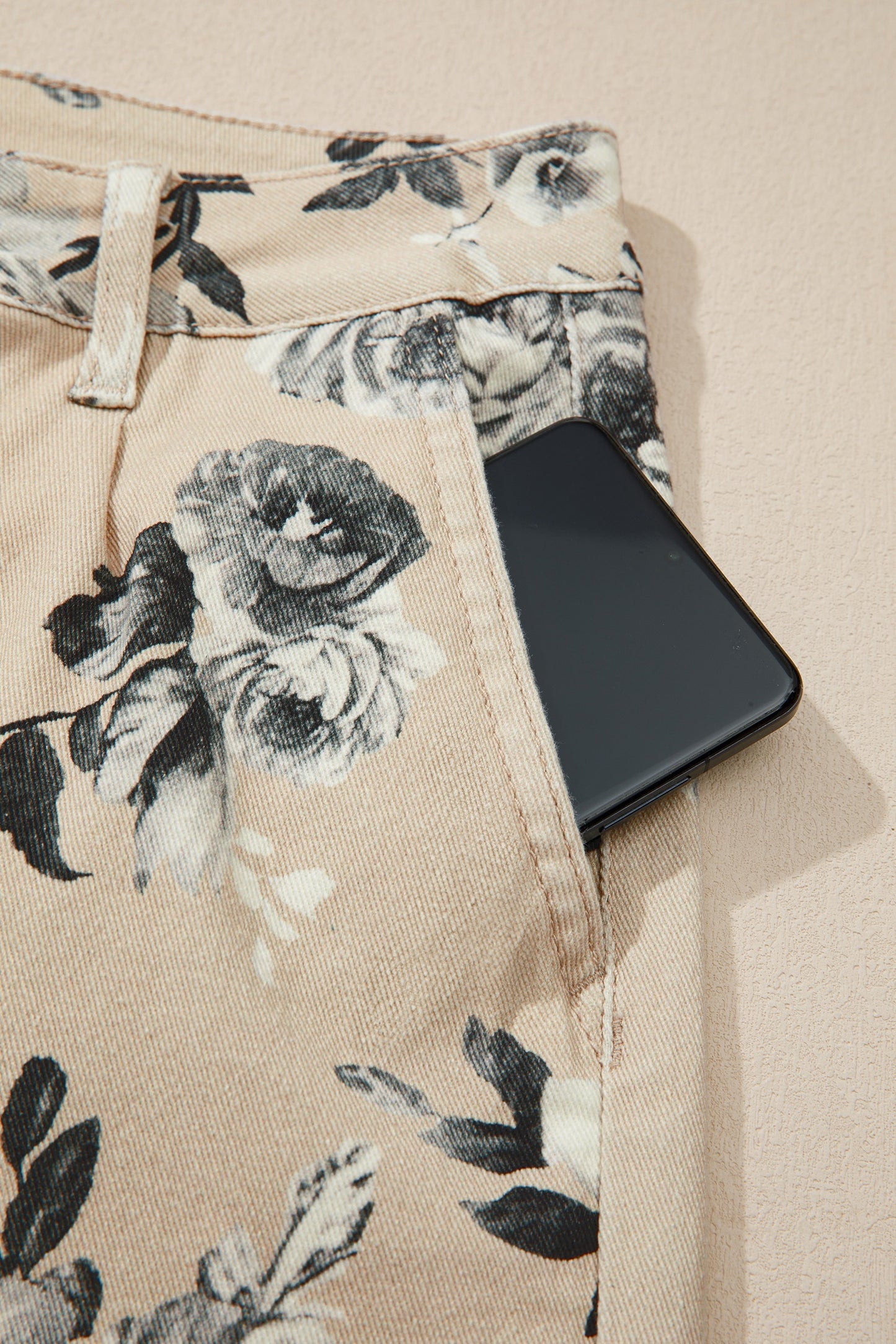 Vintage Bloom Beige Floral Wide Leg Denim Pants
