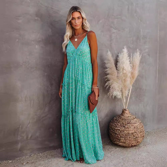V-Neck Wrap Print Sundress -Green