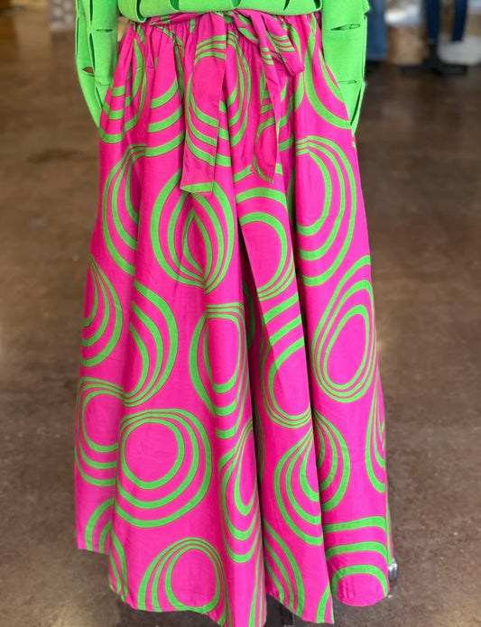 Circular Pattern Print Maxi Skirt-  Pink and Green