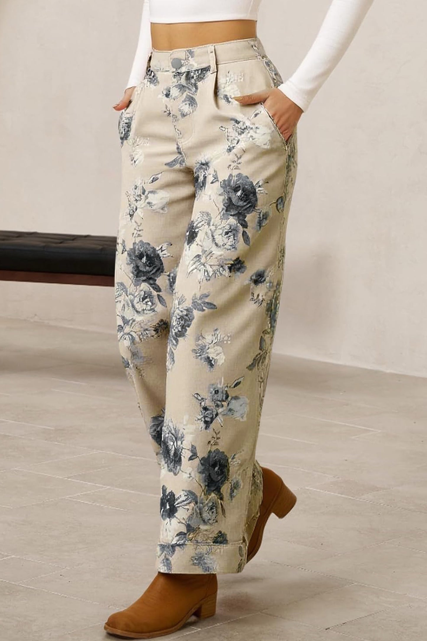 Vintage Bloom Beige Floral Wide Leg Denim Pants