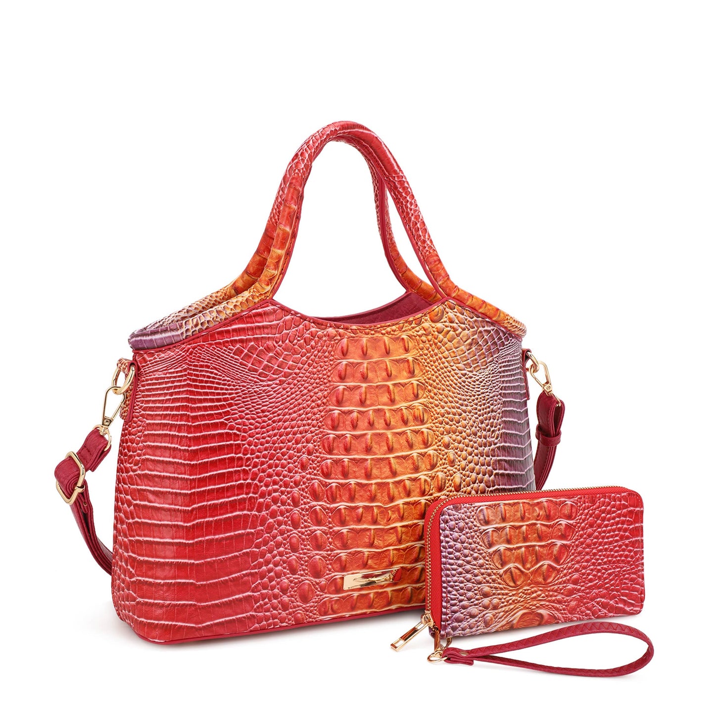 Croc Embossed Satchel Handbag Set with Matching Zip Wallet Structured Statement Purse -Fuschia