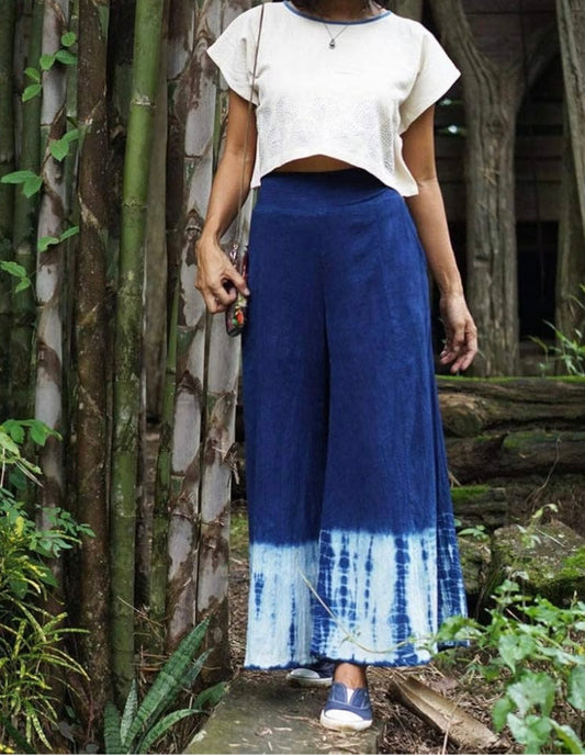 Indigo Tie Dyed Wide Leg Flare Pants-Blue