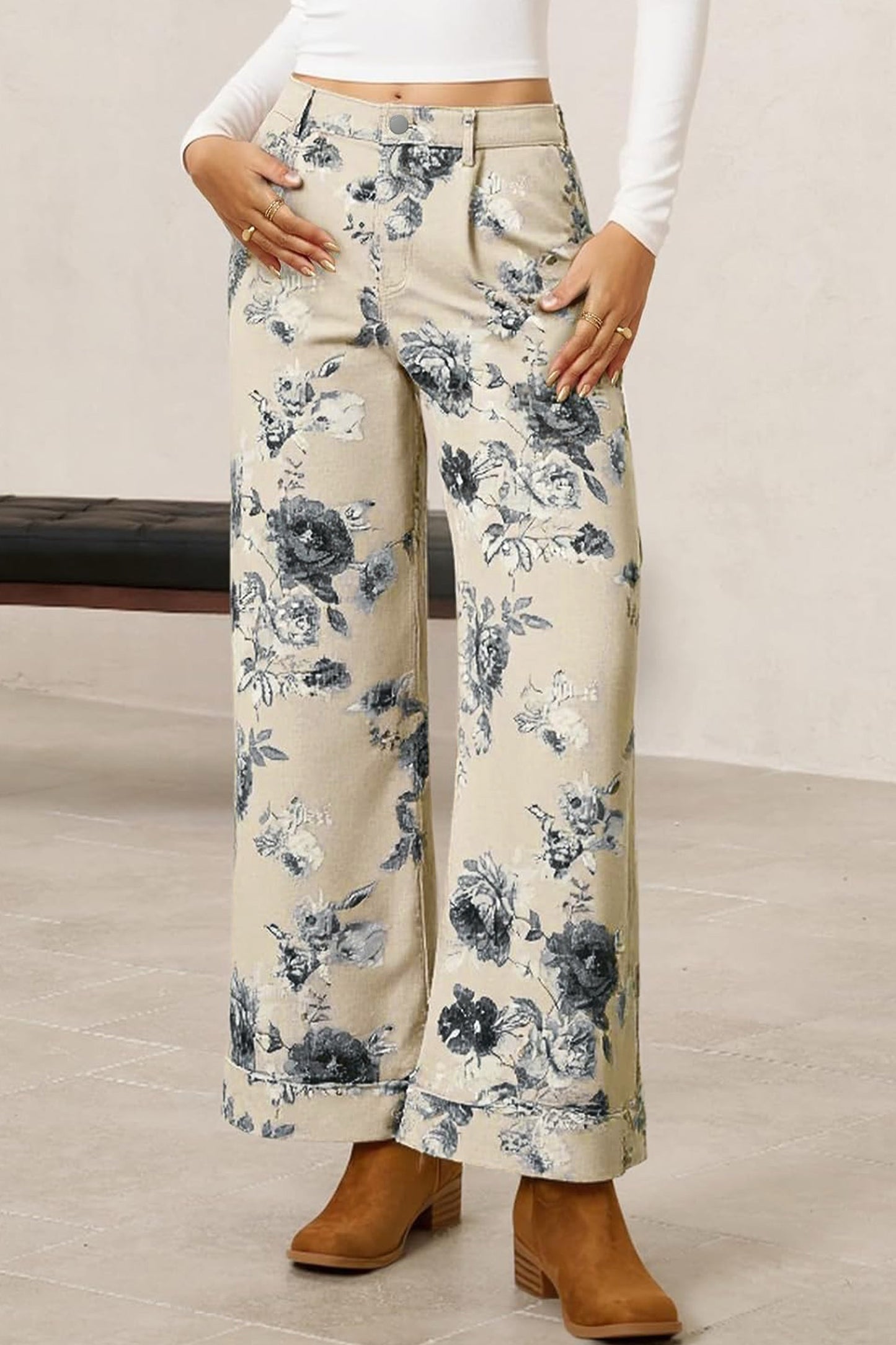 Vintage Bloom Beige Floral Wide Leg Denim Pants