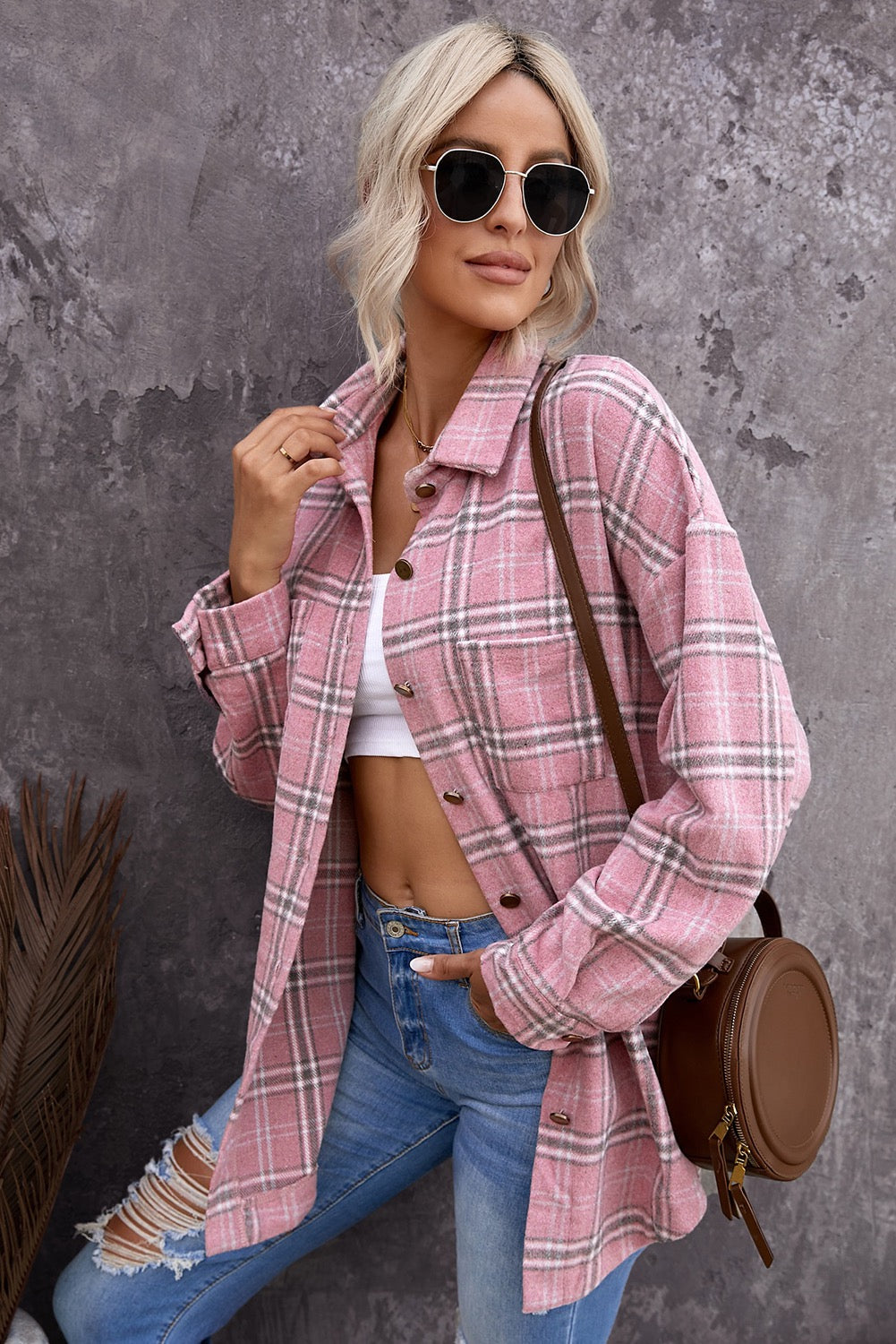 Plaid Pattern Button Shacket - Pink