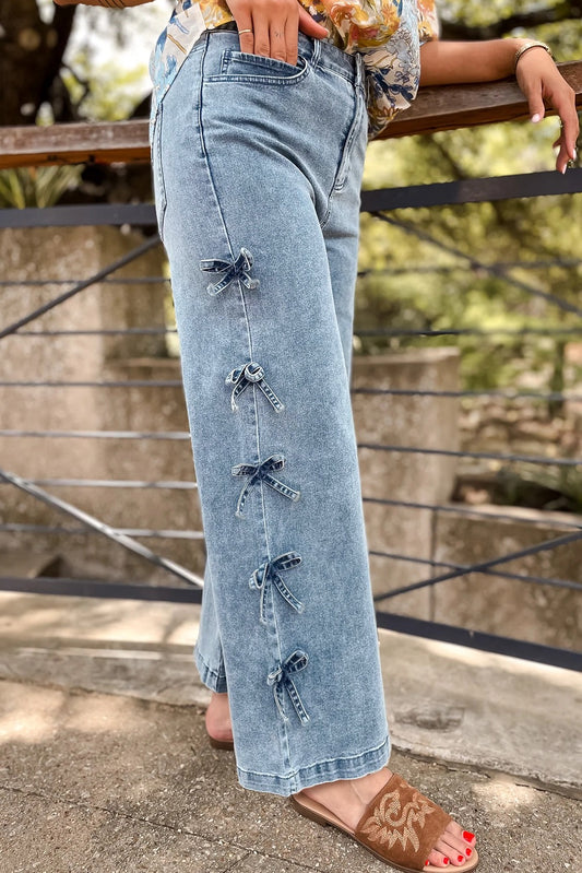 Denim Bow-Detail Wide-Leg Jeans