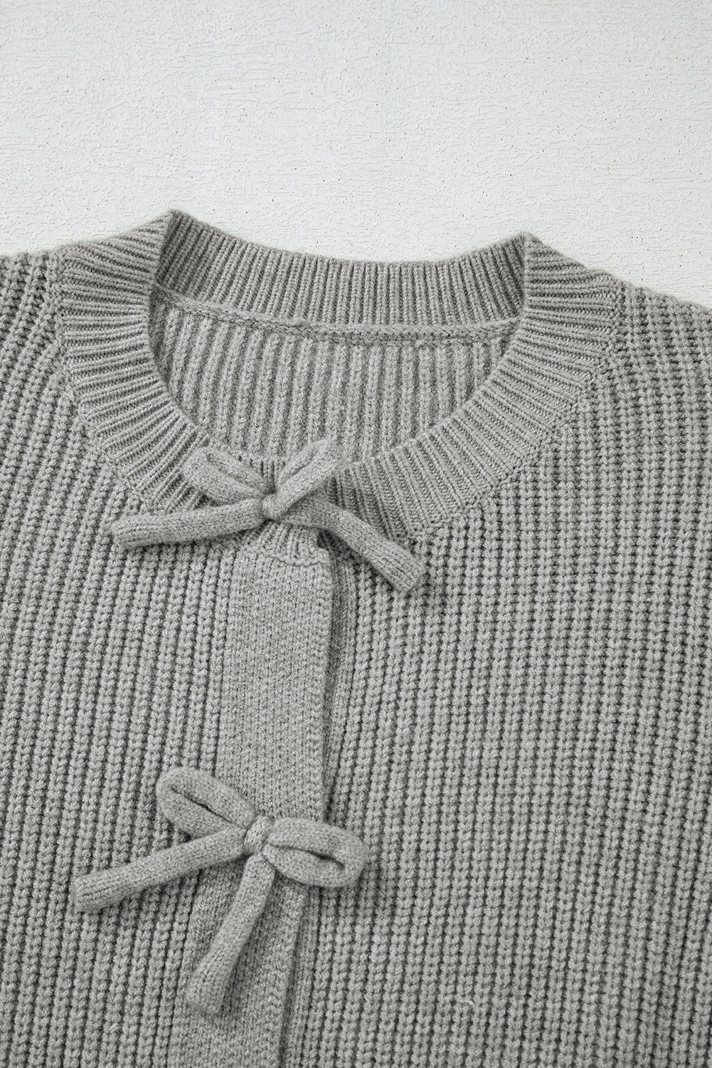 Bow-Front Knit Sweater | Soft Ribbed Long Sleeve -Gray