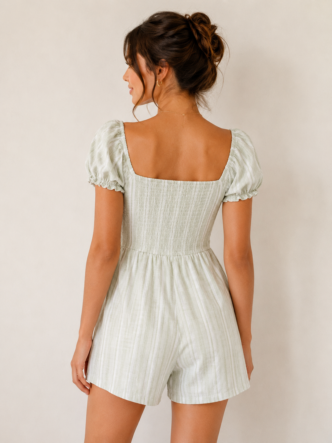 Sage Green Puff Sleeve Romper for Women | Square Neck Tie Front Summer Romper