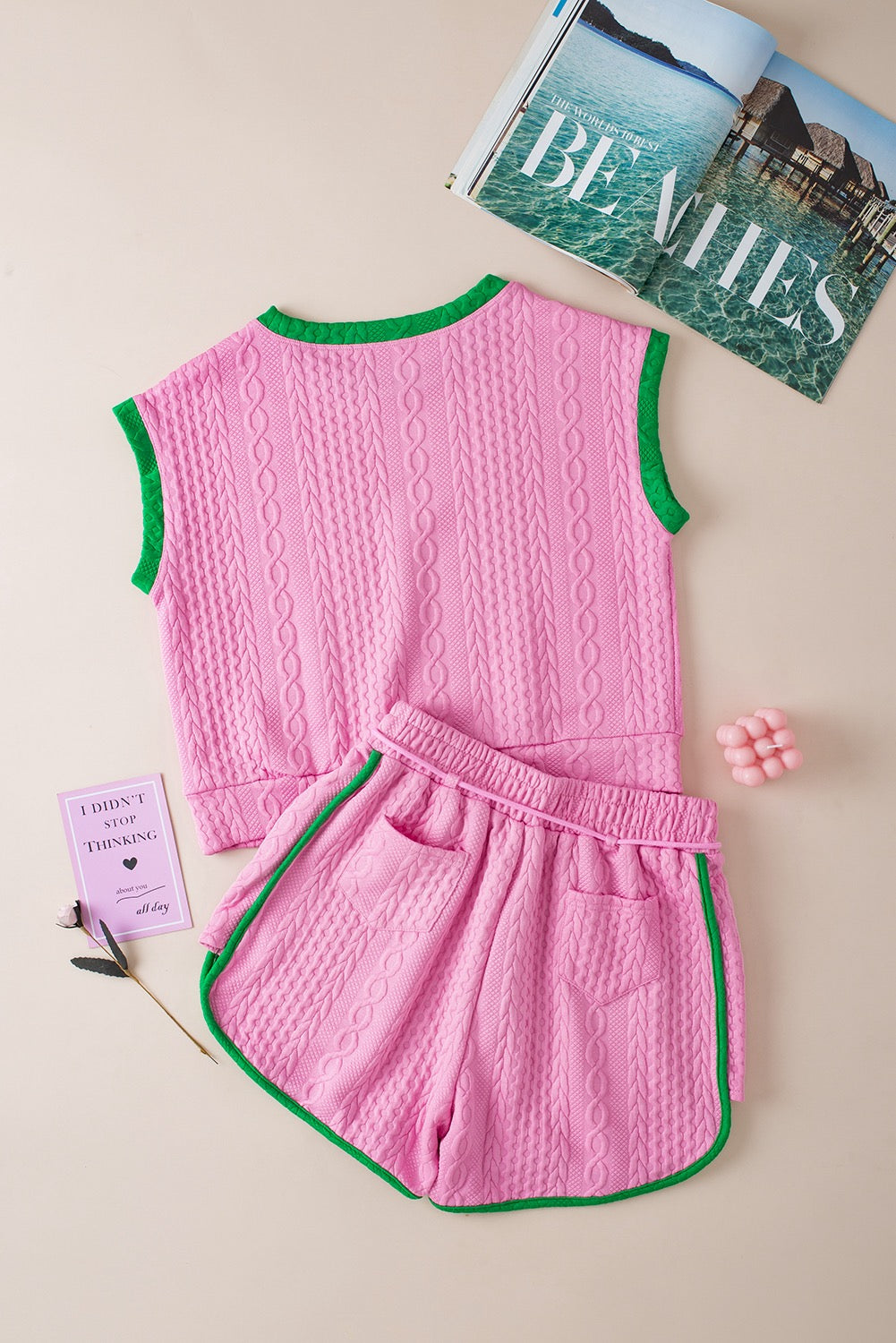 Cable Two-Piece Top & Shorts Set - Pink & Green